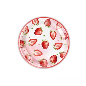 Strawberry theme party paper plate with red fruit pattern and striped border for birthdays