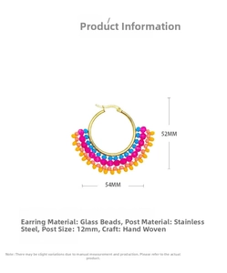 Detail view of handmade beaded fan earrings with precise size dimensions in millimeters