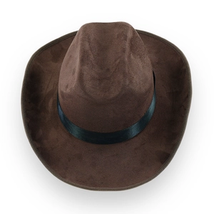 Close-up of a dark brown faux suede cowboy hat featuring a black satin band and wide brim