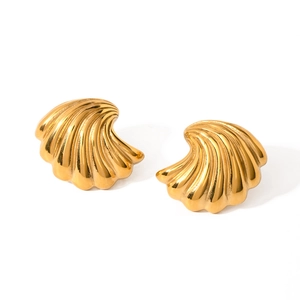Elegant 18k gold plated stainless steel shell shaped stud earrings on white background