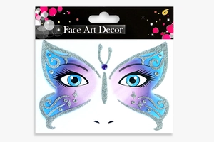 Blue and purple butterfly face jewel sticker with glitter and rhinestones packaging