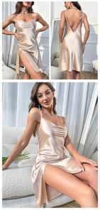 Détails d'une robe en satin champagne avec col bénitier et fente latérale fluide élégante