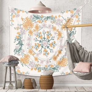 Detailed macro view of the daisy floral mandala print on premium decorative tapestry fabric