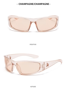 Macro detail of champagne Y2K sunglasses featuring star cutout on the side temple