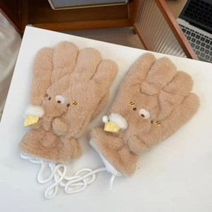 Detail view of warm brown plush mittens with cartoon design and anti-lost neck string