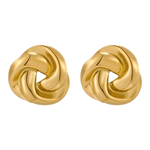 Detail of gold bow-knot stud earrings featuring a polished triple-strand spiral design