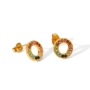 18K gold plated stainless steel round stud earrings with colorful pavé rhinestones