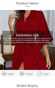Detail of red imitation silk robe featuring a satin texture and fabric care instructions