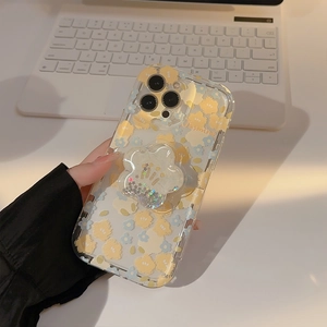Detail of floral iPhone case with sparkling liquid flower phone stand and Jasmine text