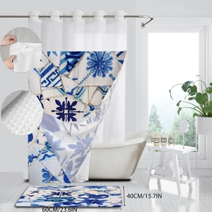 Detail showing waffle fabric texture of the blue mosaic shower curtain and bath mat set