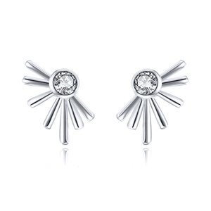 Elegant S925 sterling silver sunburst stud earrings with radiant cubic zirconia stones