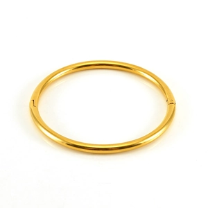 Minimalist polished gold stainless steel round bangle with a sleek hinge closure