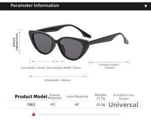 Detailed size specifications of black cat eye sunglasses showing 145mm frame width and 21.9g weight