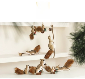 Set of seven realistic squirrel ornaments with faux fur textures for Christmas tree decor