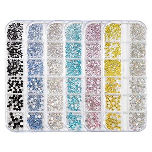 Professional 12-grid nail art crystal set with multi-color flatback rhinestones and storage box