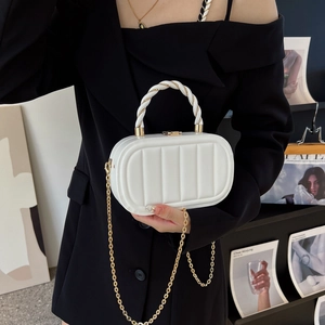 Chic white oval hard shell handbag with vertical stripes and woven handle for women