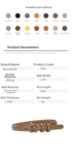 Detailed chart showing slim leather belt dimensions and 14 color options with alloy buckle