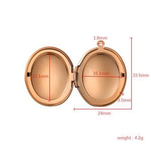 Rose gold oval locket pendant in mirror polished stainless steel with measurements