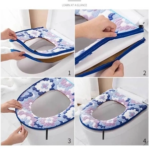 Universal thick plush toilet seat cover with floral pattern and zipper closure guide