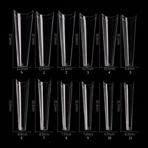 Size chart for extra long flat square French nail tips with clear 12-size measurements