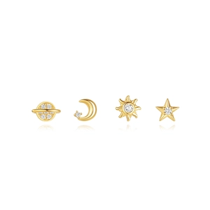 Detailed view of 4-piece gold earring set with celestial star, moon, and sun shapes
