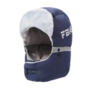 Winter thermal bomber hat with thickened faux fur lining and windproof ear flaps in navy blue