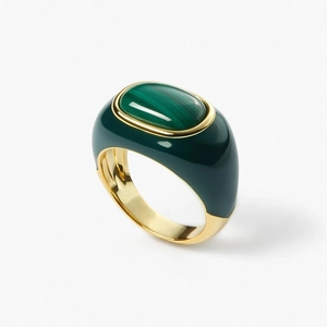 Detail of 18k gold plated ring featuring natural malachite stone and green enamel coating