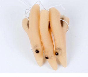 Three realistic flesh-colored severed finger props with white hanging loops for Halloween decor
