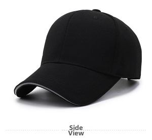 Side view of black twill baseball cap with curved brim and reflective stripe detail