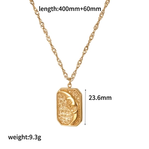 Detailed view of rectangular moon pendant necklace with length and weight measurements