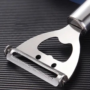 Dual-purpose stainless steel peeler and bottle opener with sharp serrated blade