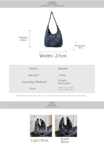 Detail view of denim tote bag with rose pattern and dimensions 33cm by 27cm
