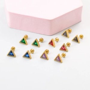 Elegant triangular stud earrings with gold plating and colorful zircon gemstones
