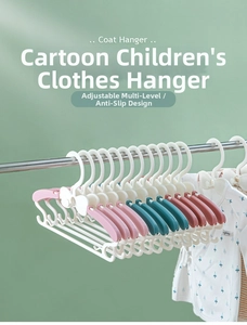 Detail of adjustable cartoon children hangers with multi-level width and non-slip hooks