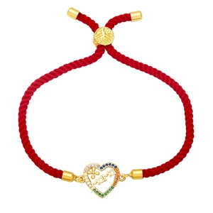 Adjustable red rope bracelet with a gold MAMA heart pendant and colorful crystals