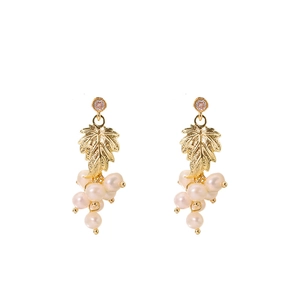 Elegant 18k gold-plated leaf earrings with freshwater pearl clusters and purple gems