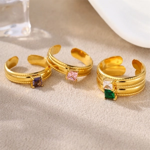 Three gold-plated stainless steel open rings with colorful square-cut zircon stones