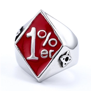 Men's biker style stainless steel ring featuring 1%er red enamel design and star detail
