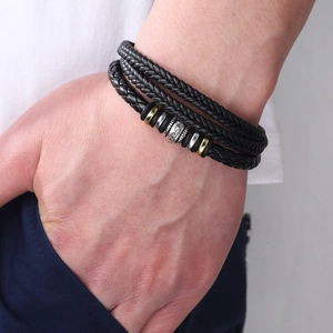 Men's multilayer black braided leather bracelet with magnetic clasp and metal beads