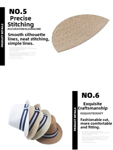 Detail of straw fedora hats with striped bands showing precise stitching and varied colors