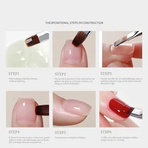 6-step professional nail art brush guide for UV gel application with black handle tools