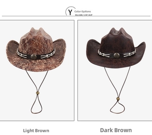 Detail view of suede cowboy hats in light and dark brown with vintage texture and metal buckle