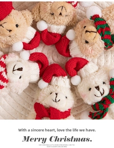 Detailed view of plush Christmas bear ornaments with knitted scarves and holiday hats