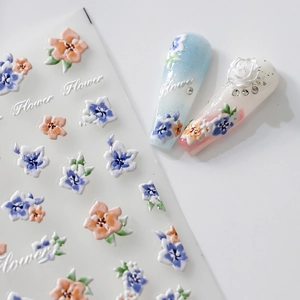 3D relief floral nail stickers with pastel blue and orange flowers and text design
