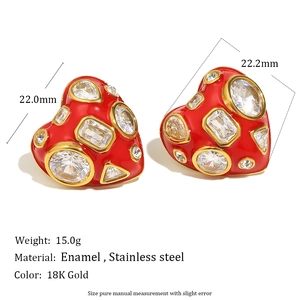 18K gold plated stainless steel red enamel heart stud earrings with white zircon