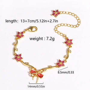 Gold-plated bracelet with red flower petals and bow pendant, 13+7cm adjustable chain