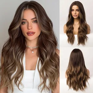Detailed views of long wavy hair wig featuring dark brown base with honey blonde highlights