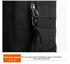 Detail of durable black oxford backpack with smooth dual zippers and tactical MOLLE webbing