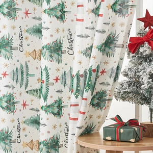 Christmas tree curtains with green and gold stars print on white semi-sheer fabric