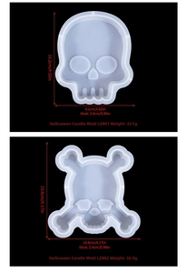 Detail of skull and crossbones silicone candle molds with dimensions for Halloween DIY